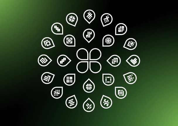Several Dativa app icons in a circle, white on a green background