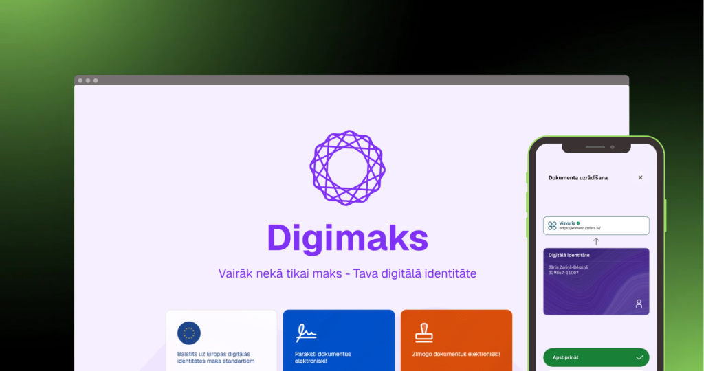 Digimaks mājaslapas sākuma skats un telefons ar digiamaks aplikācijas skatu