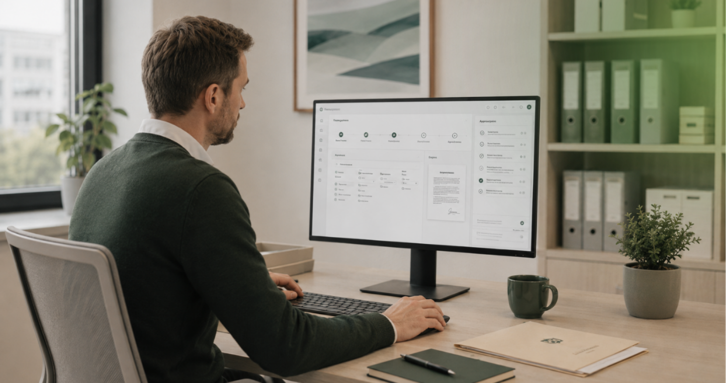A man is working on documents at his computer